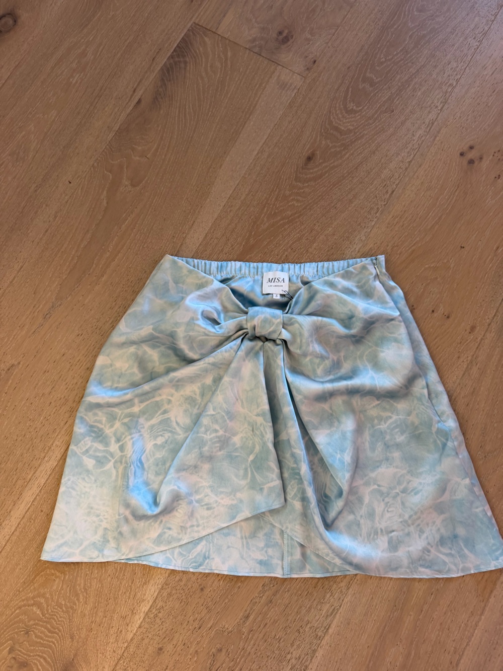 Misa Los Angeles Pale Blue Marble Tie-Front Mini Skirt